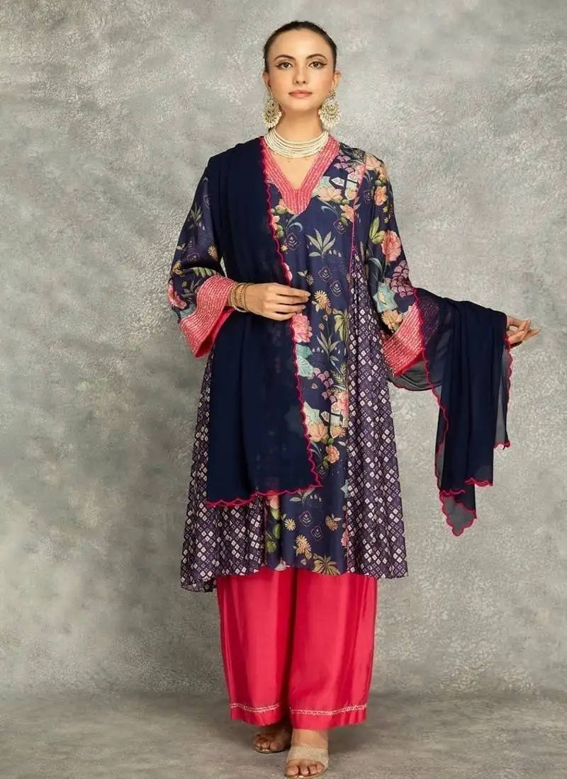 Blue cotton silk printed buti kurta set with scalloping dupatta