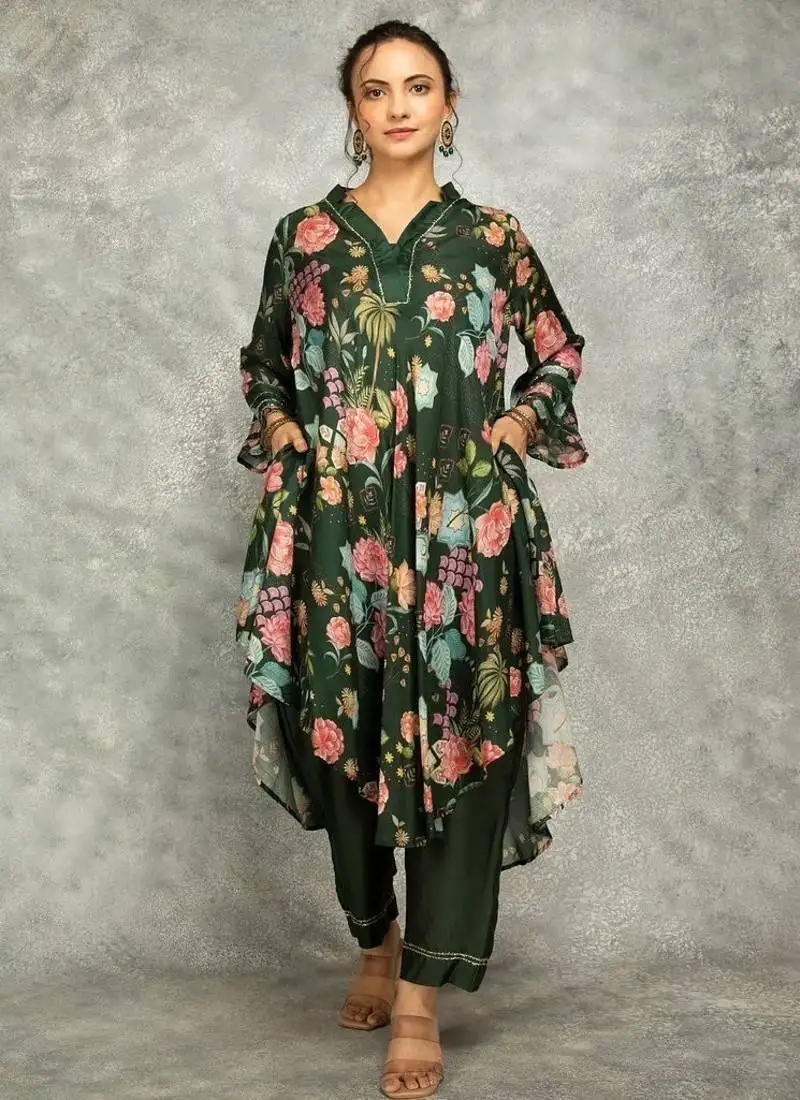 Green cotton silk printed high low kurta and pant set