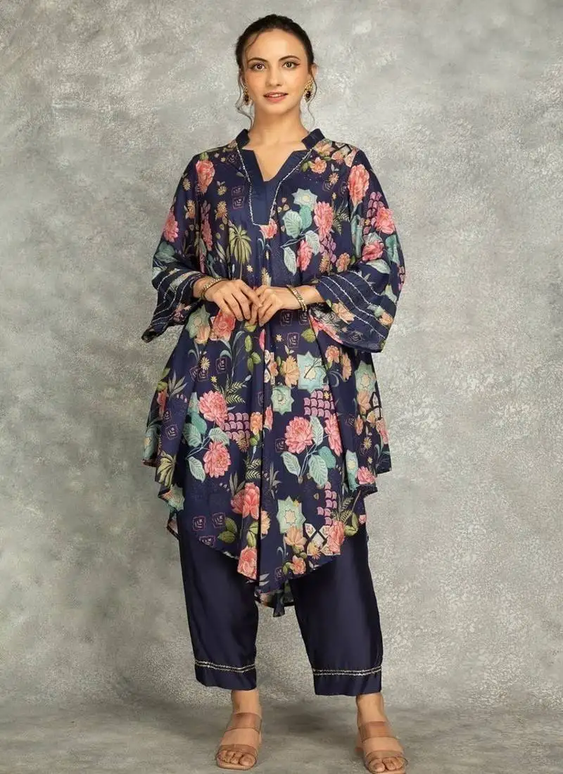 Blue cotton silk printed high low kurta and pant set