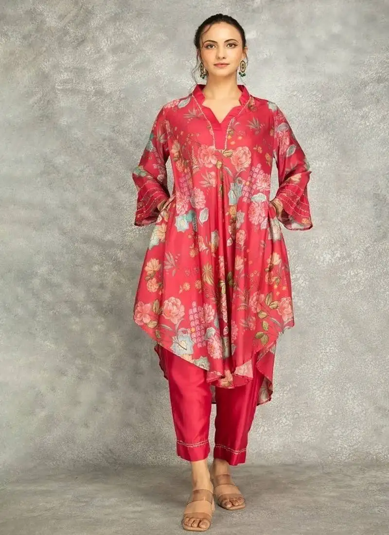 Hot pink cotton silk printed high low kurta and pant set