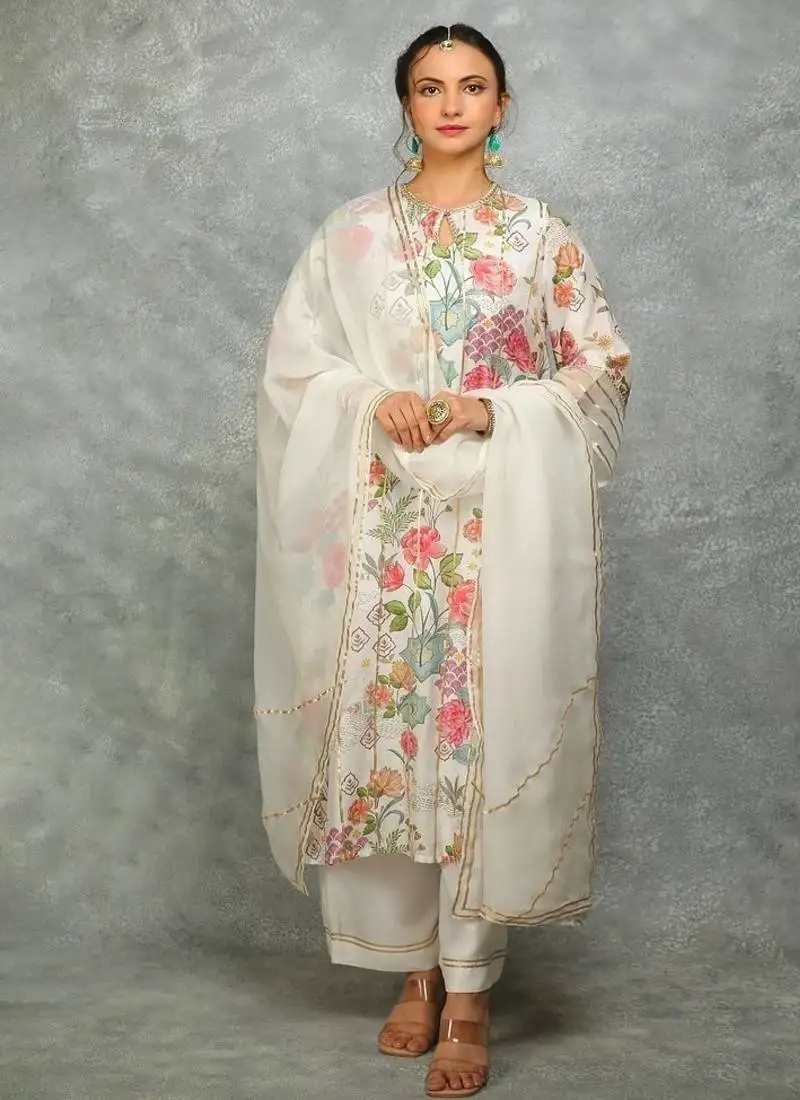 White cotton silk printed kurta set