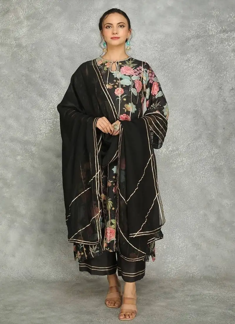 Black cotton silk printed kurta set