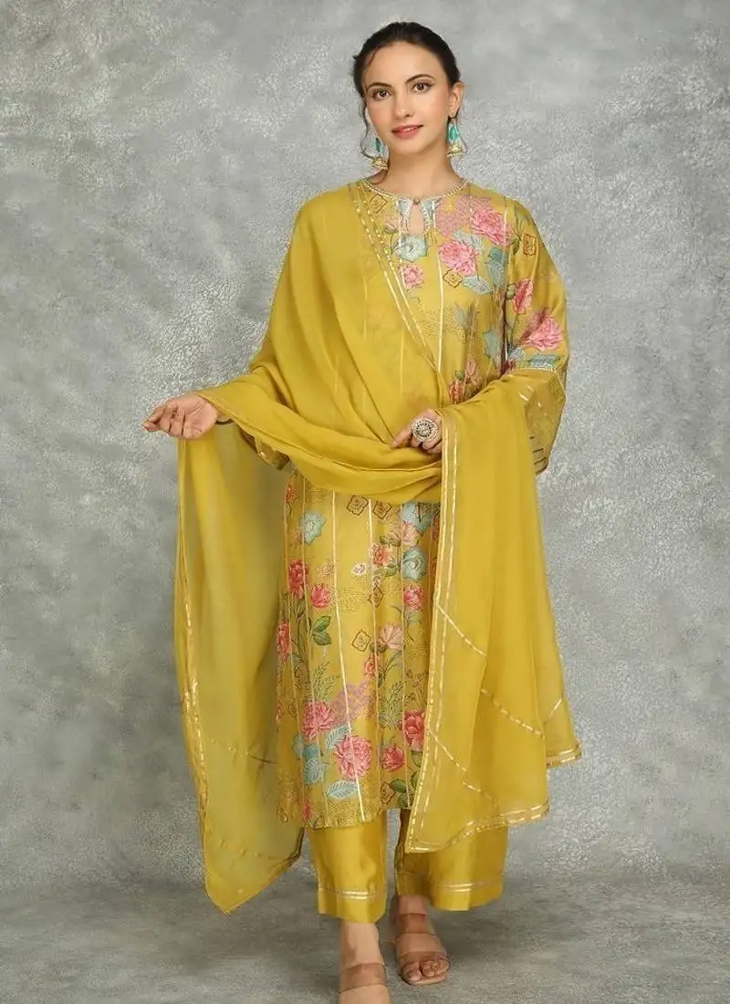 Yellow cotton silk printed kurta set