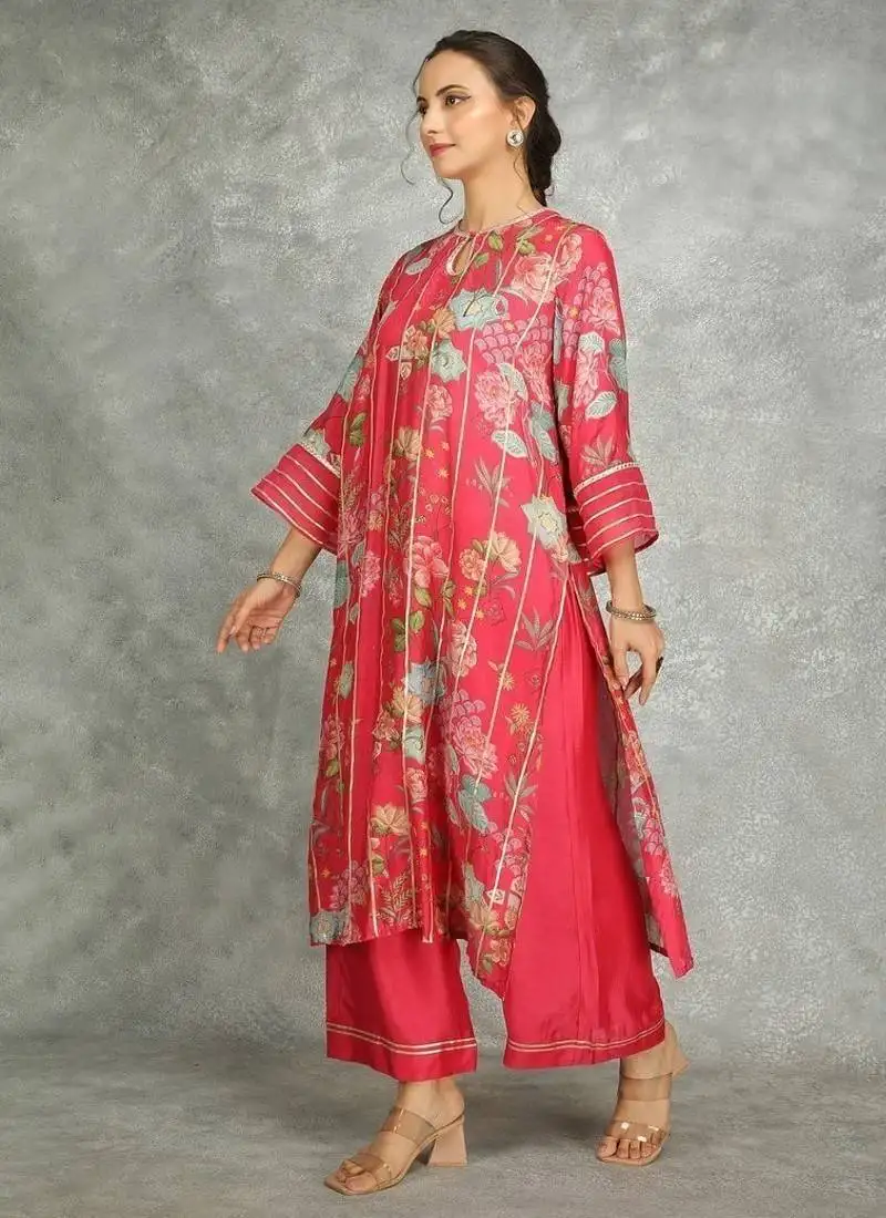 Hot pink cotton silk printed kurta set