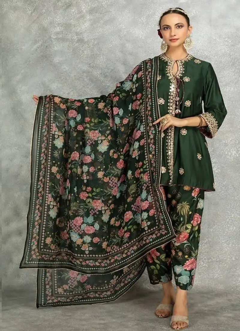 Green cotton silk mirrror embroidered angrakha kurta set