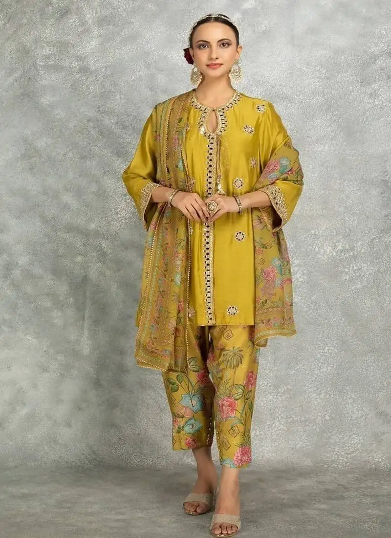 Mustard cotton silk mirrror embroidered angrakha kurta set