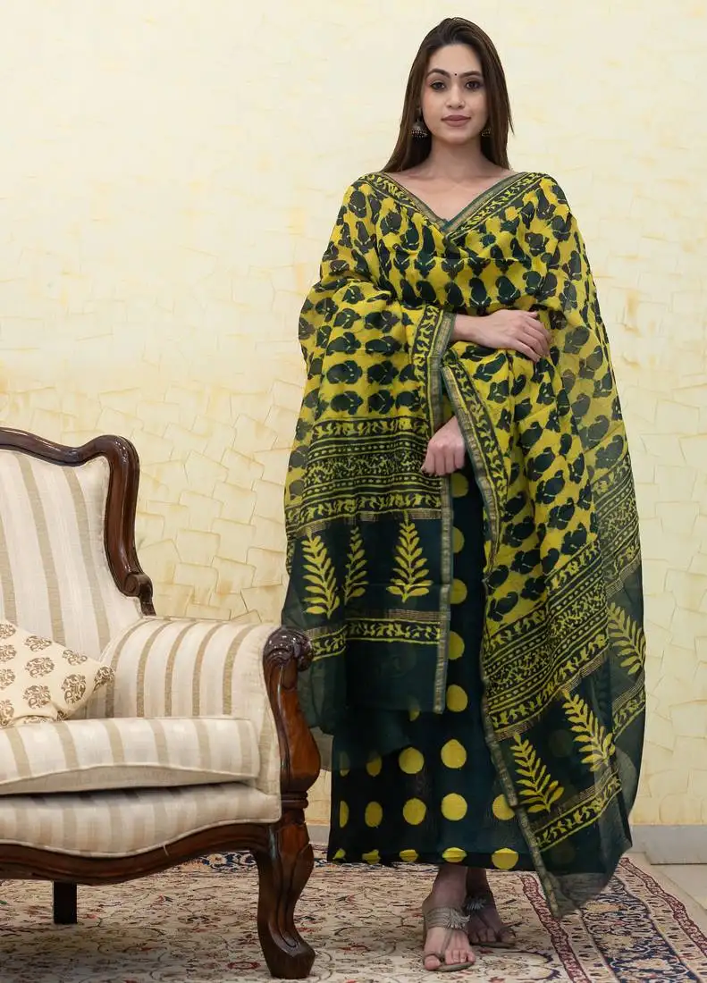 Yellow printed 3pc unstitched suit set