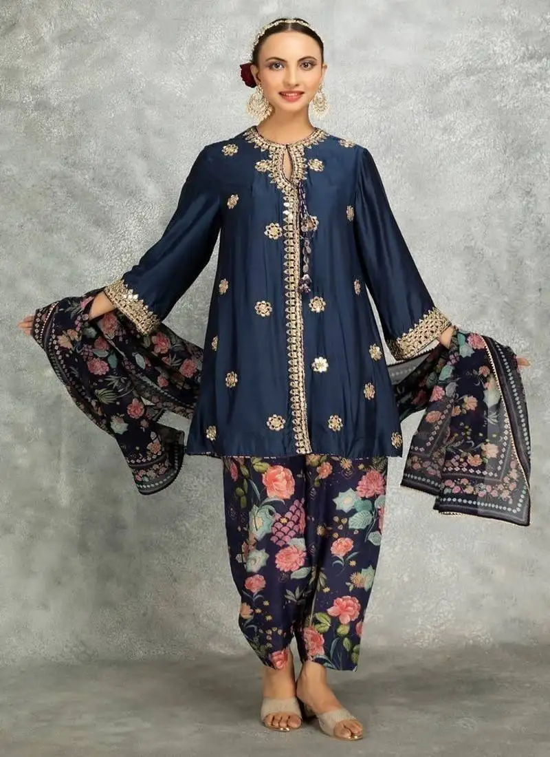 Blue cotton silk mirrror embroidered angrakha kurta set