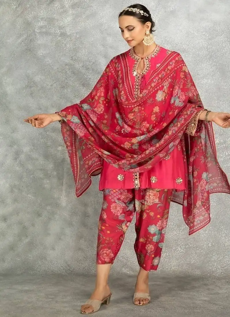 Hot pink cotton silk mirrror embroidered angrakha kurta set