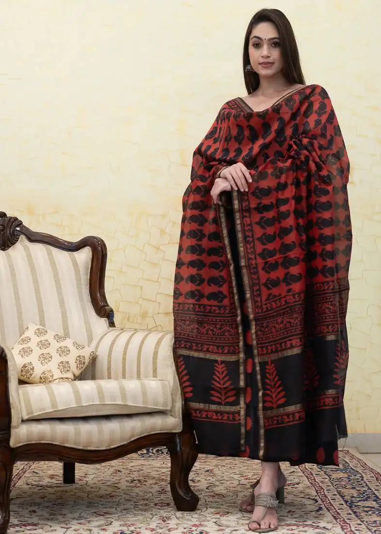 Red printed 3pc unstitched suit set