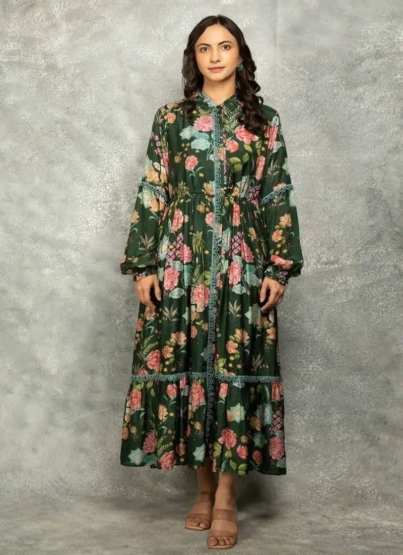 Green floral printed cotton dress stitched