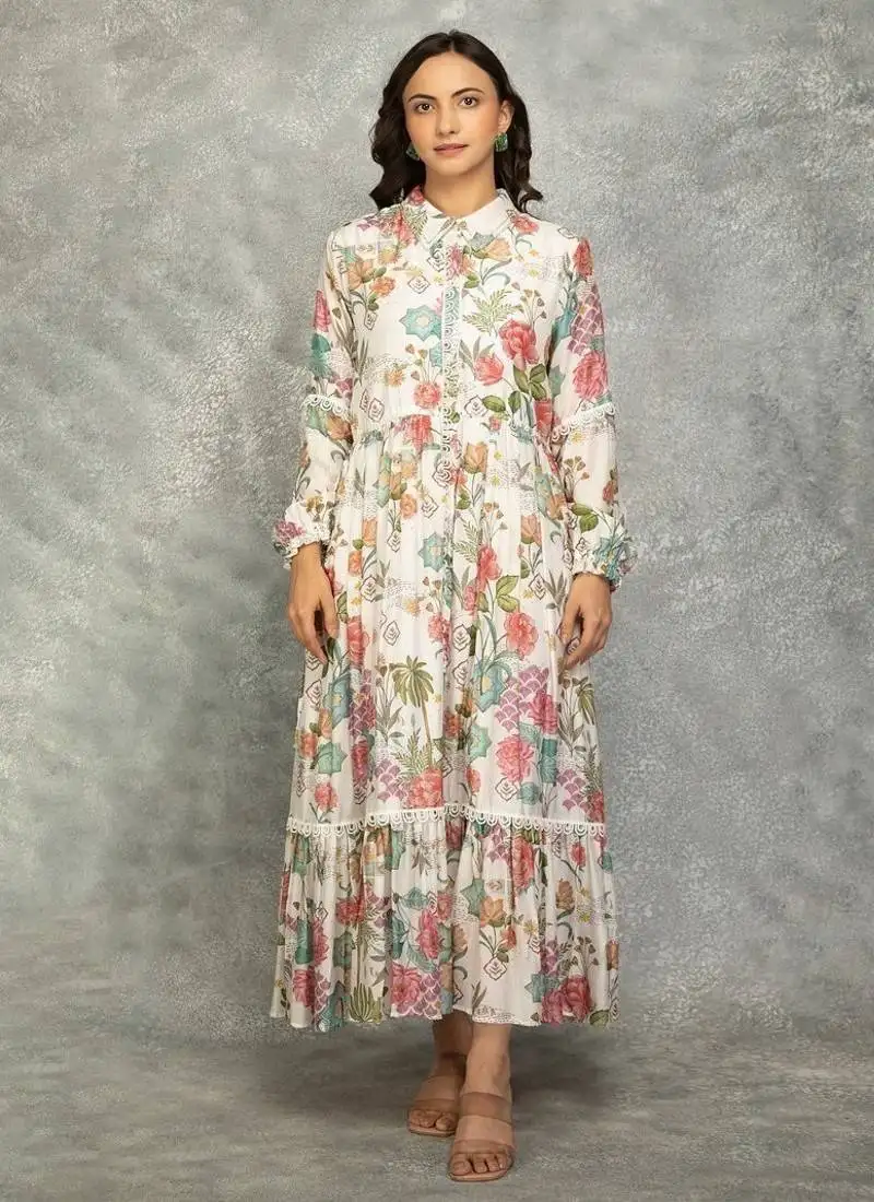 White floral printed cotton dress stitched