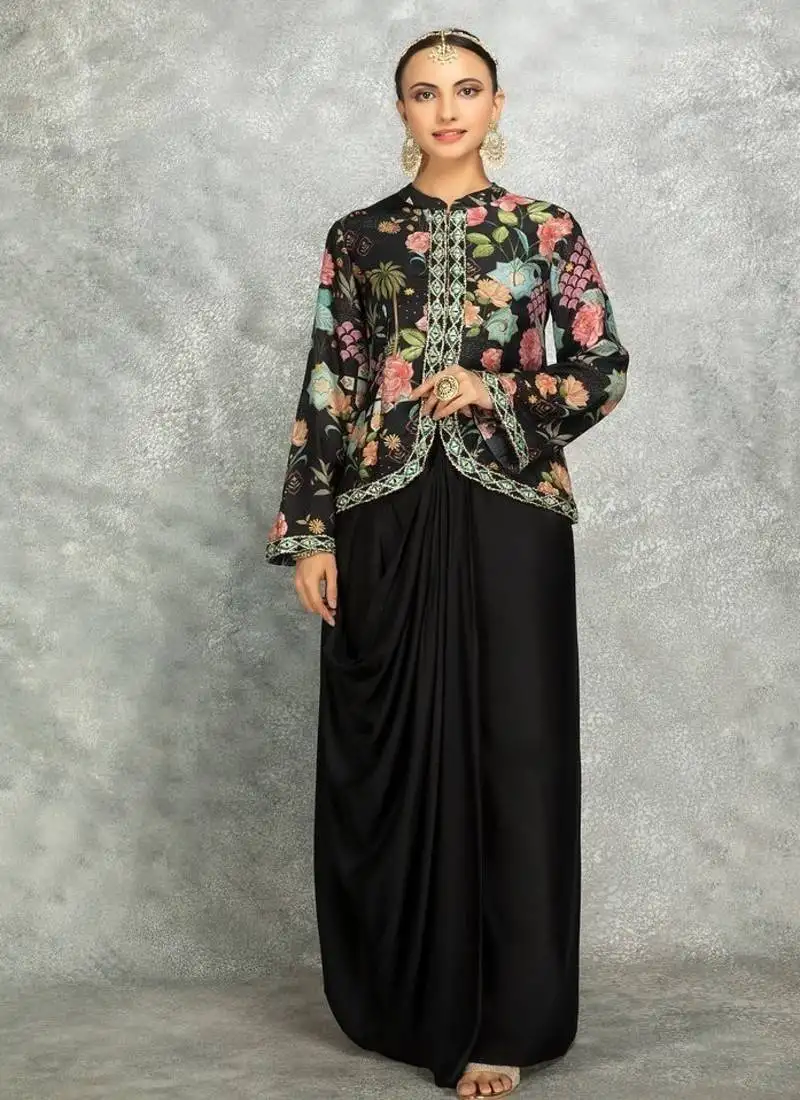 Black geogette embroidered floral printed jacket with drape skirt
