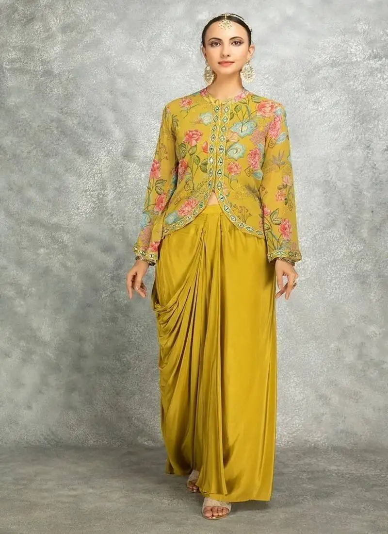 Mustard green floral printed embroidered geogette jacket with drape skirt