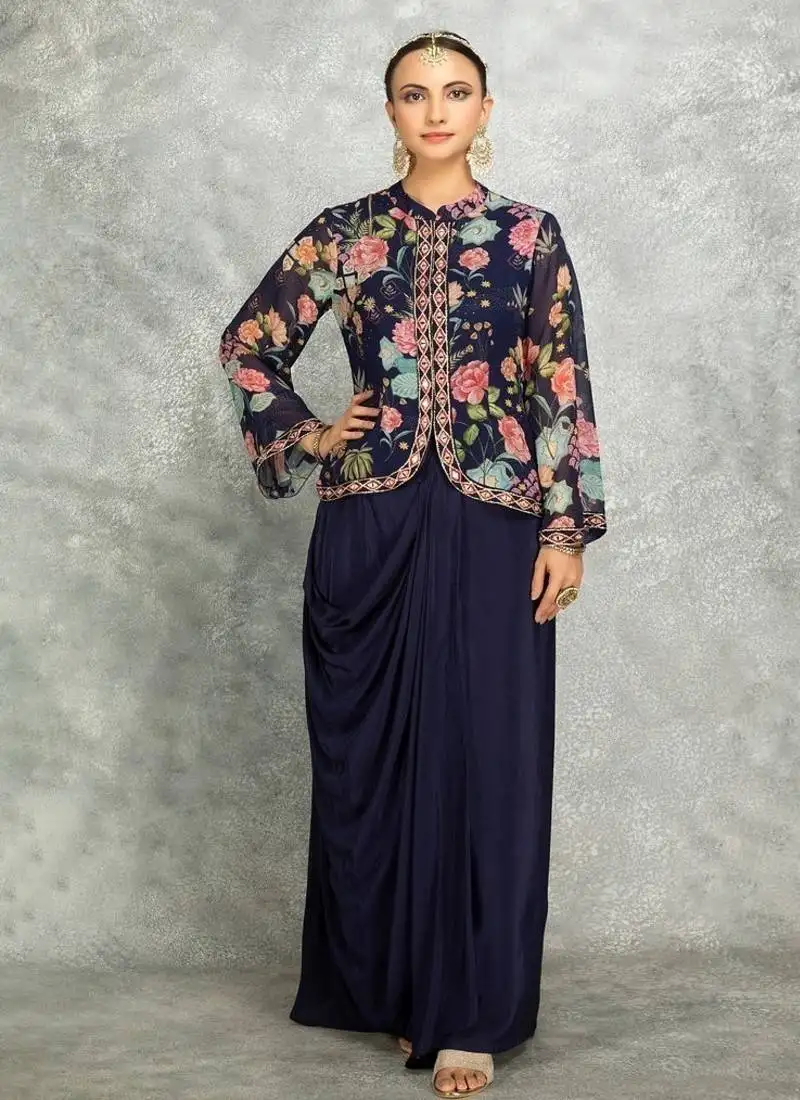 Blue geogette embroidered floral printed jacket with drape skirt