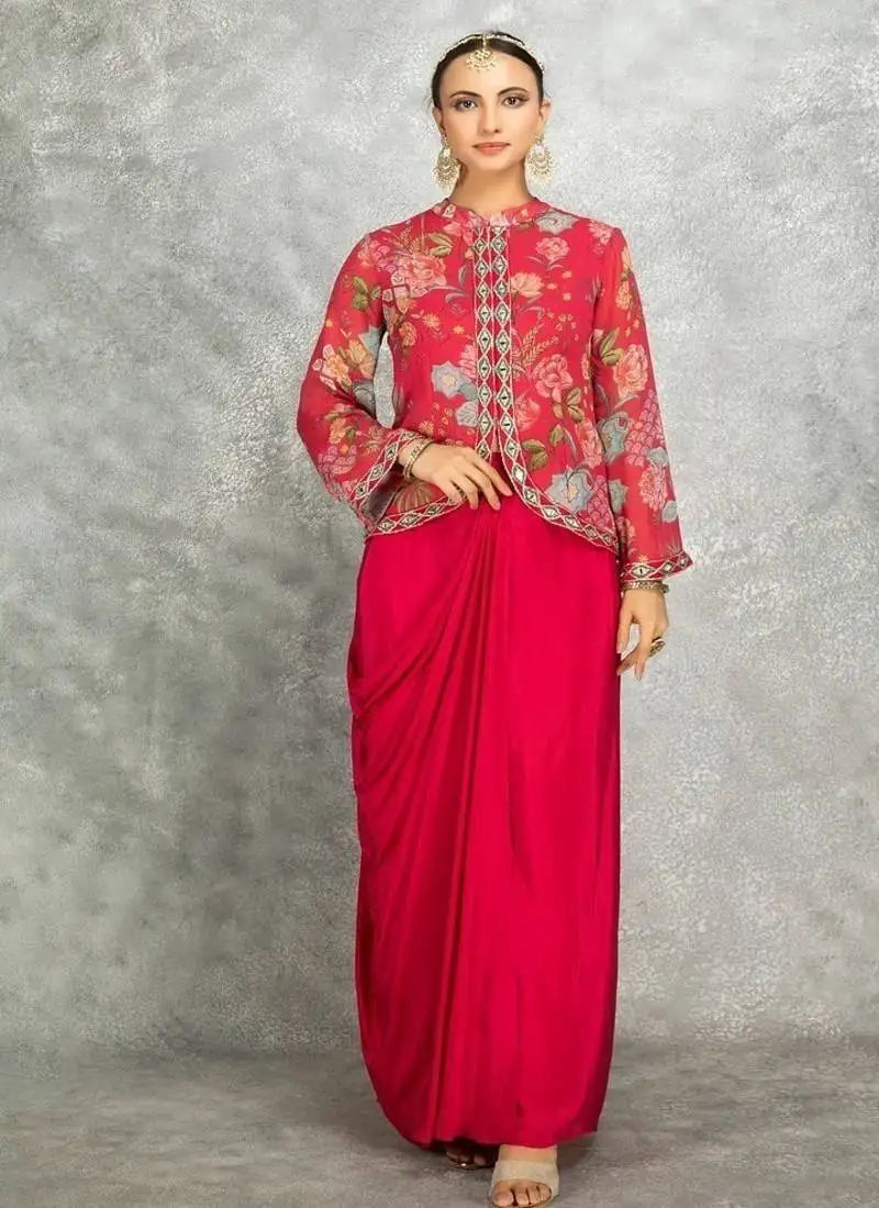 Hot pink geogette embroidered floral printed jacket with drape skirt