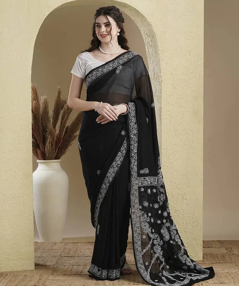 Black hand embroidered georgette chikankari saree with blouse