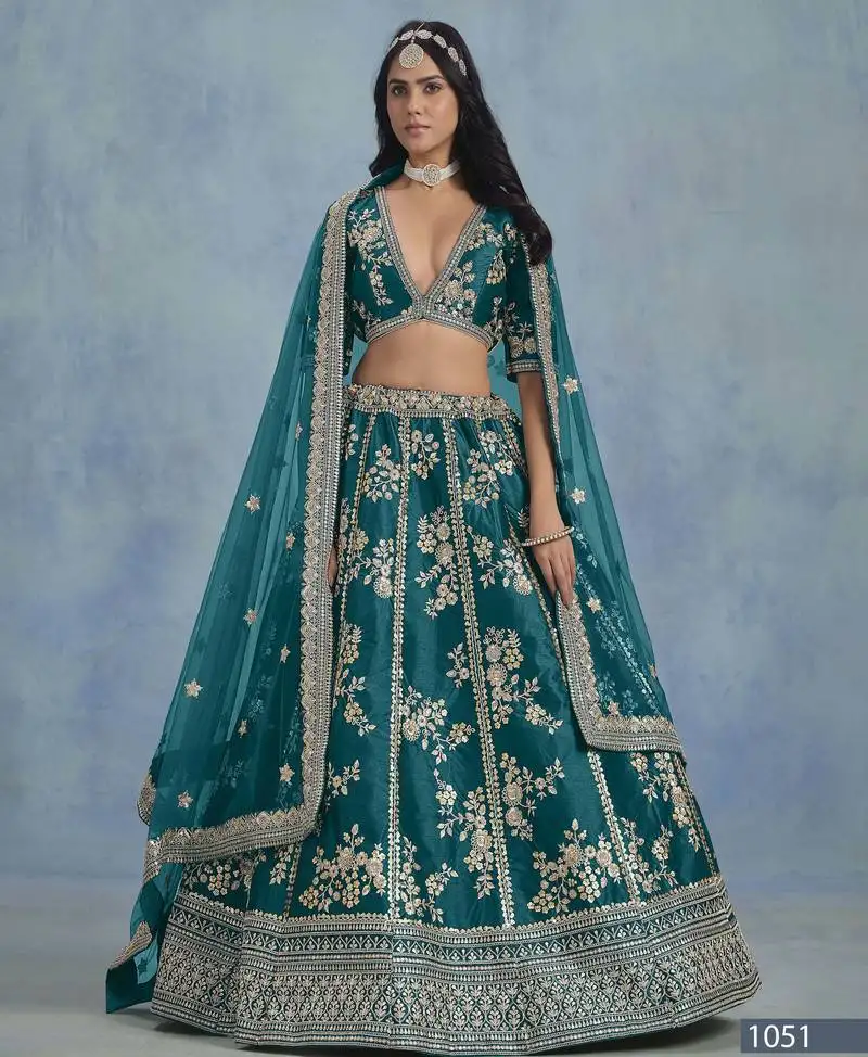 Teal embroidered art silk lehenga with blouse