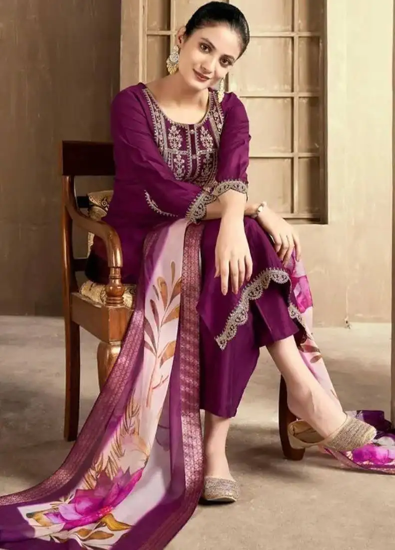 Wine color spun rayon slub fabric heavy embroidery kurta set with digital printed dupatta