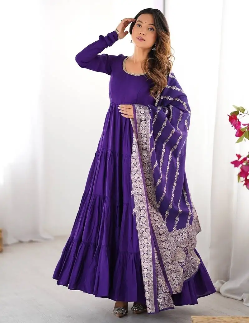 Elegant purple chanderi silk anarkali set stitched
