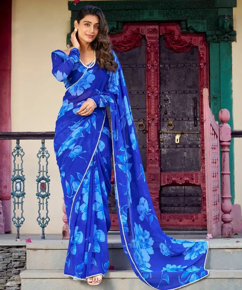 Blue chiffon floral printed & peral lace border saree with unstitched blouse