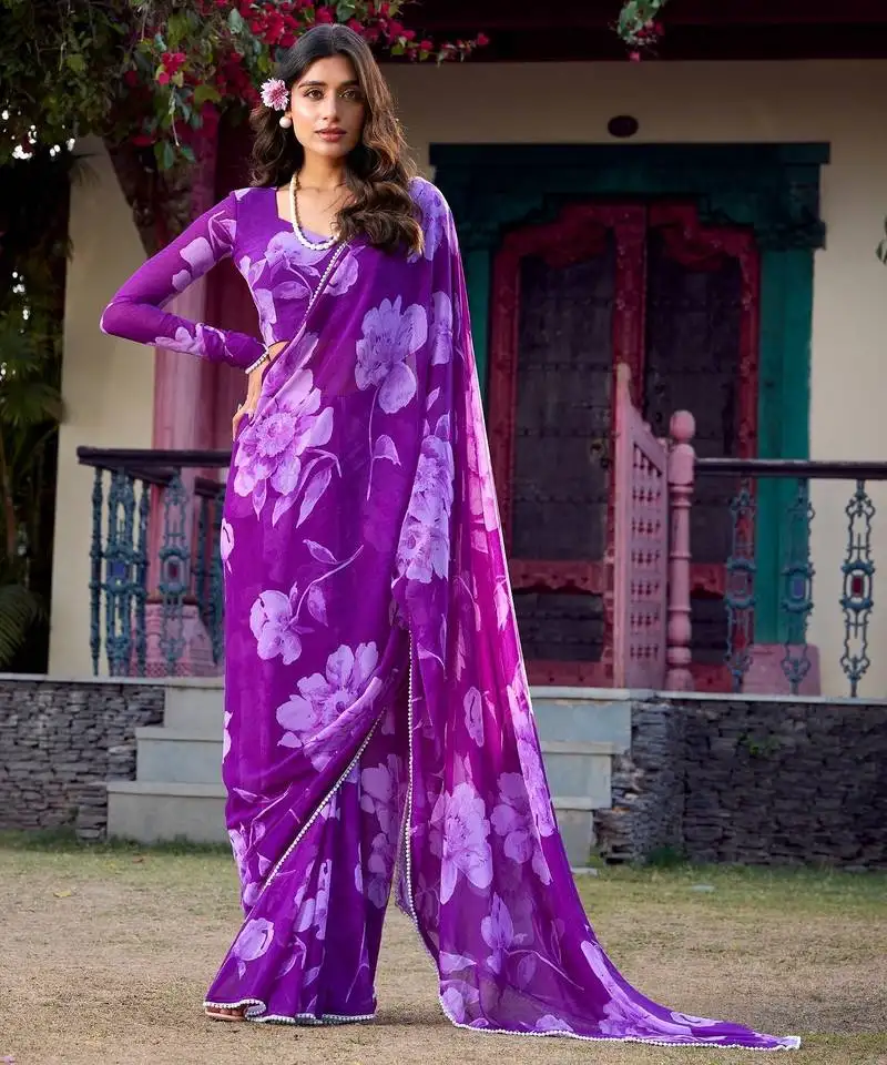 Purple chiffon floral printed & peral lace border saree with unstitched blouse
