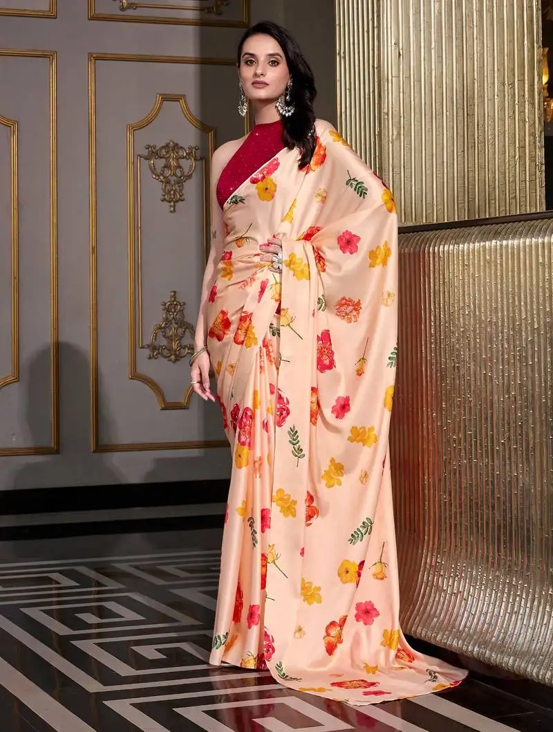 Cream satin silk printed saree with hotfix work unstitched blouse