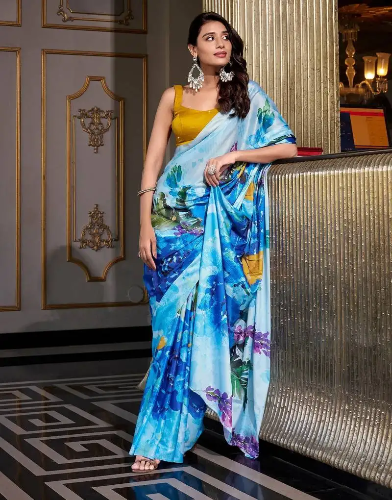 Sea blue satin silk printed saree with hotfix work unstitched blouse