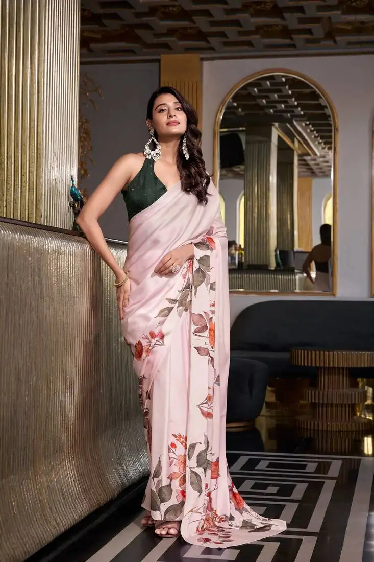 Off white satin silk printed saree with hotfix work unstitched blouse