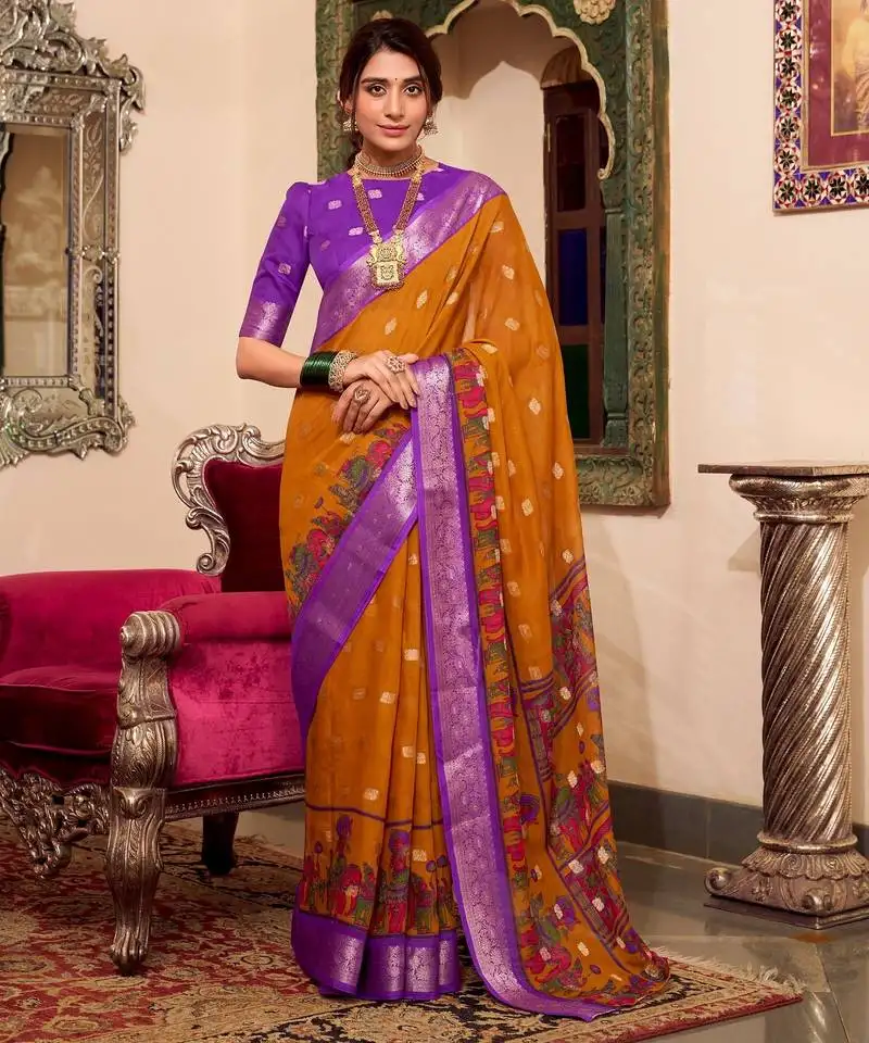 Mustard poly cotton kalamkari printed saree with unstitched blouse