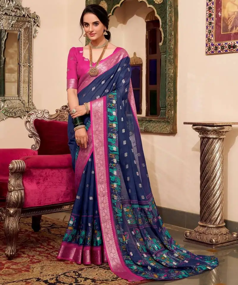 Navy blue poly cotton kalamkari printed saree with unstitched blouse