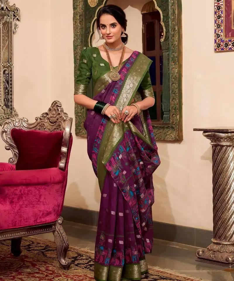 Wine poly cotton kalamkari printed saree with unstitched blouse