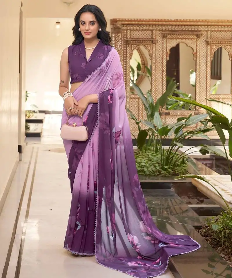 Lavender weightless marbal printed & trim lace border saree with unstitched blouse
