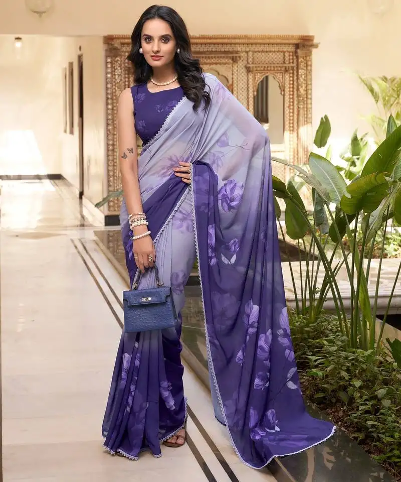 Purple weightless marbal printed & trim lace border saree with unstitched blouse