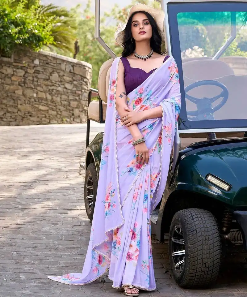 Lavender marbal printed pearl border saree with unstitched blouse