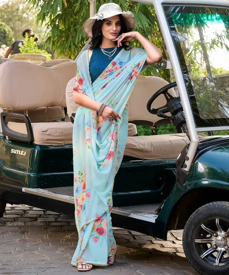Sea blue marbal printed pearl border saree with unstitched blouse