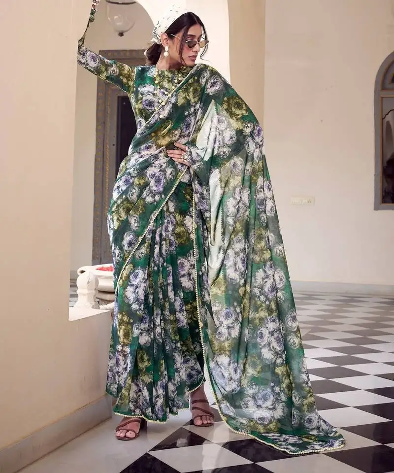 Green weightless marbal printed & peral lace border saree with unstitched blouse