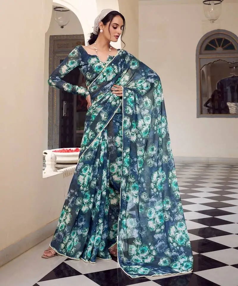 Navy blue weightless marbal printed & peral lace border saree with unstitched blouse