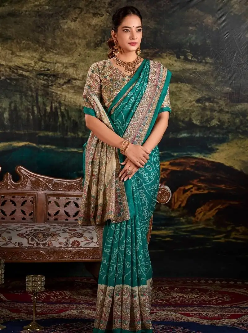 Green silk madhubani & bandhej fusion print saree with unstitched blouse