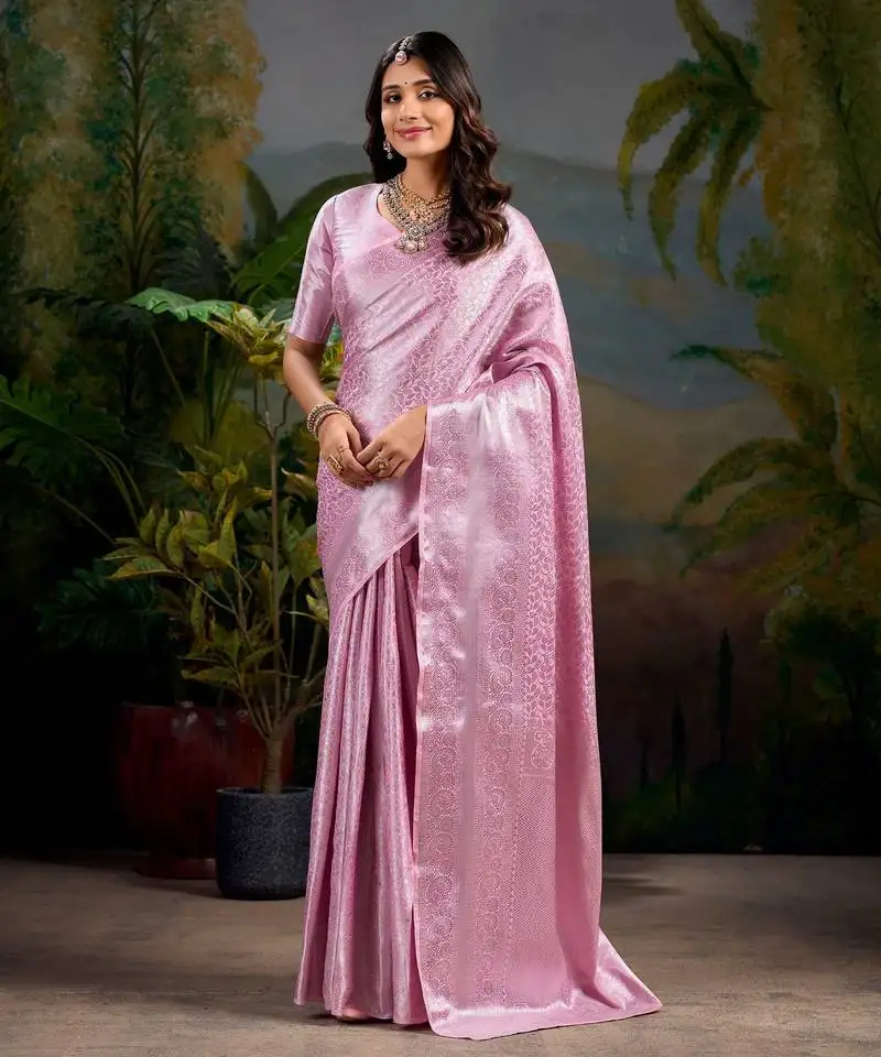 Baby pink art kanjivaram silk zari weaving saree with unstitched blouse