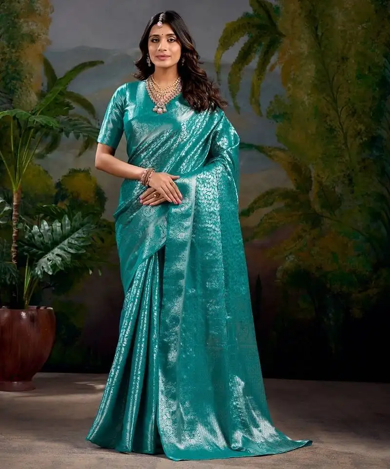 Firozi art kanjivaram silk zari weaving saree with unstitched blouse