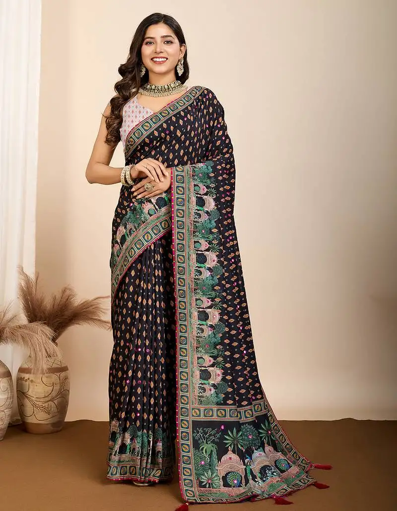 Black maslin cotton saree with digital print