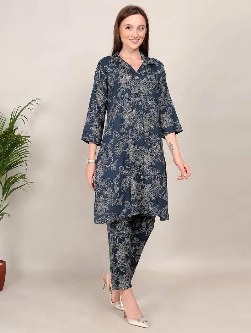 Blue printed vertigan silk co ord western wear set