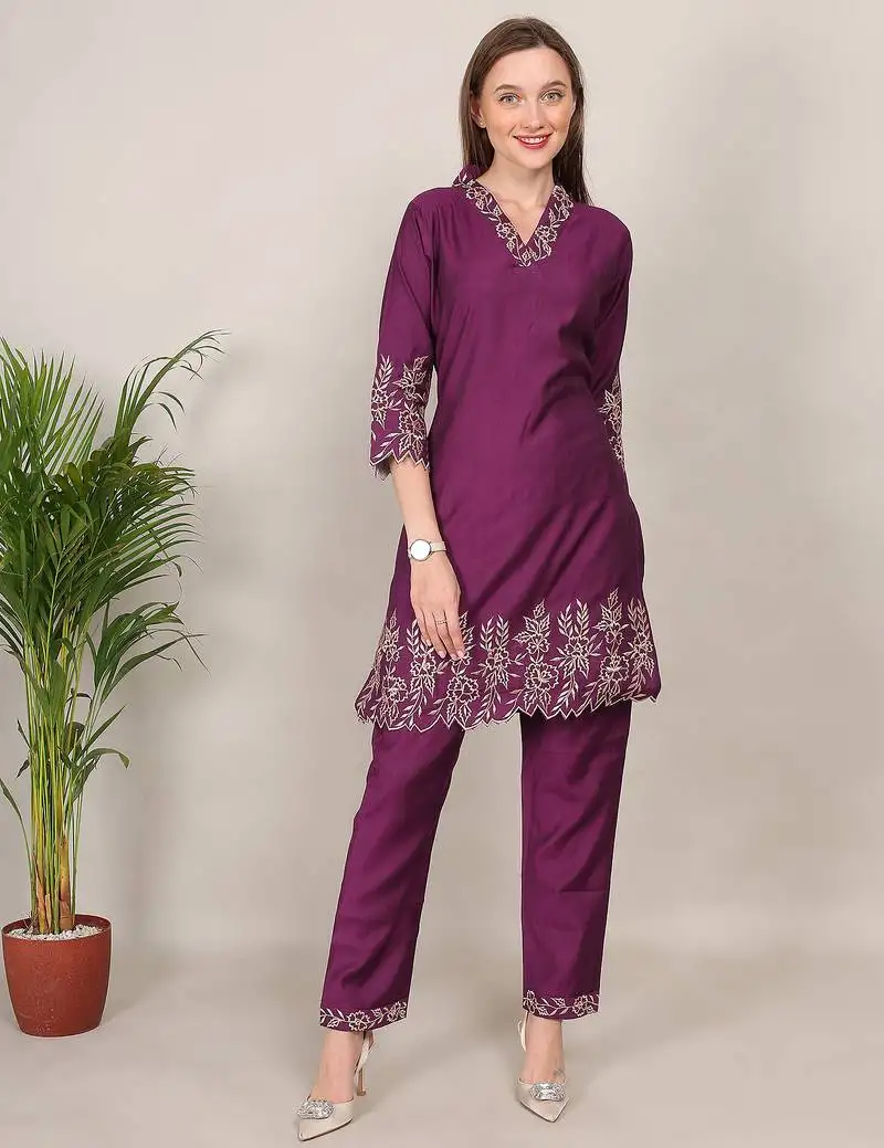 Wine thread embroidery viscose rayon co-ord set