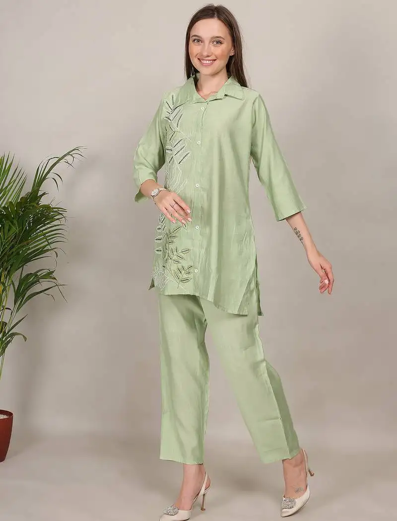 Green thread embroidery vertigan silk co-ord set