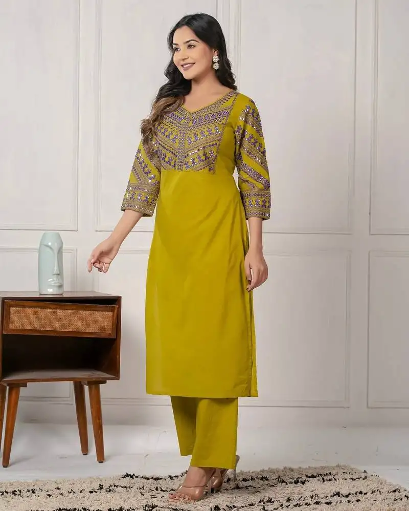 Moss green embroidered cotton kurta sets