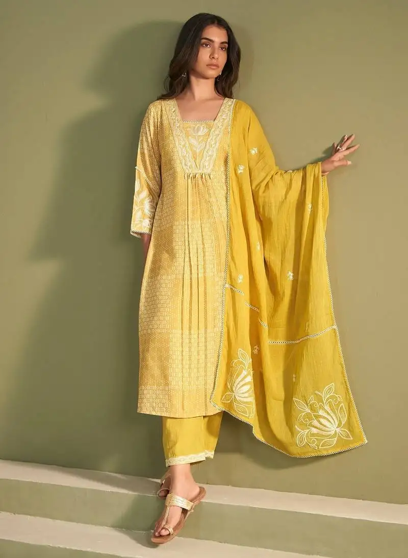 Amber light yellow embroidered cotton kurta sets