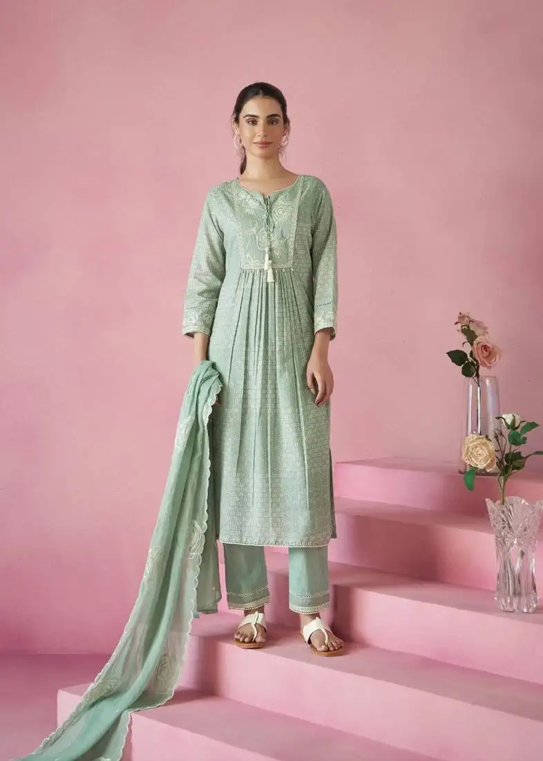 Laurel green embroidered cotton kurta sets