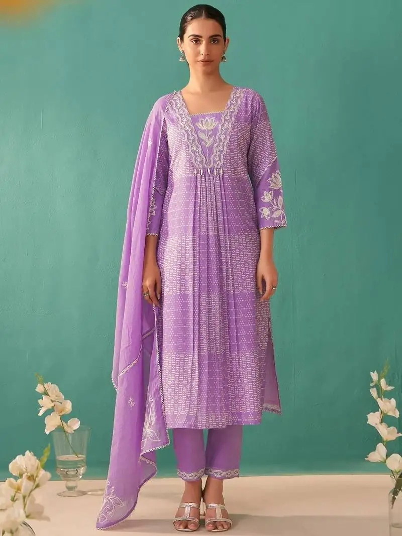Lilac purple embroidered cotton kurta sets
