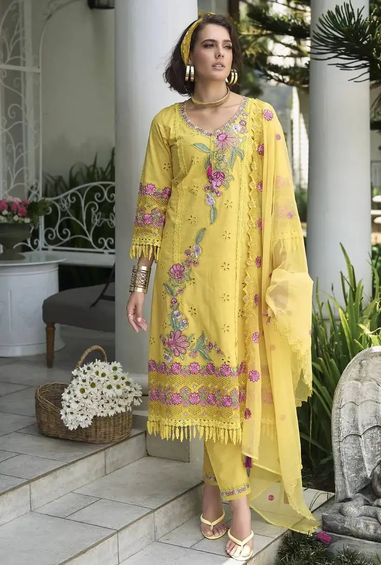 Lime dark yellow embroidered cotton kurta sets